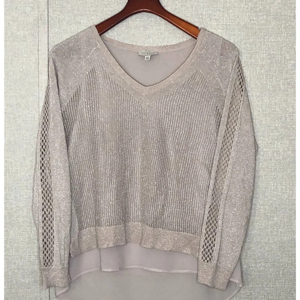 Lucky Brand V-Neck Linen Blend Knit Metallic Sweater